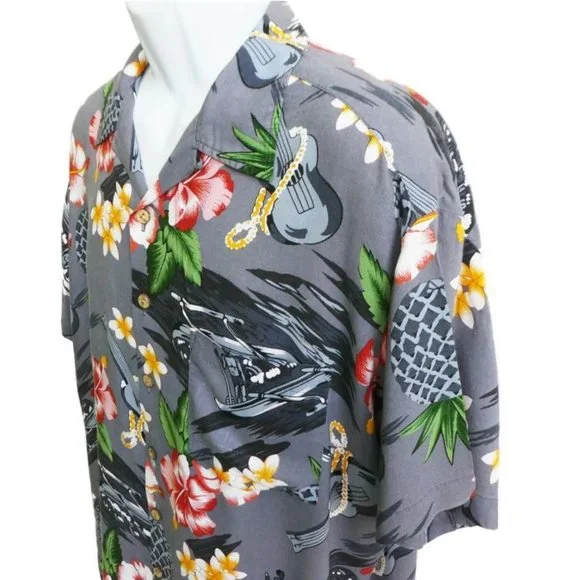 Vintage 70s Aloha Shirt Kennington Tiki Canoe Rigger Flowers Pineapples Guitar - Picture 3 of 10